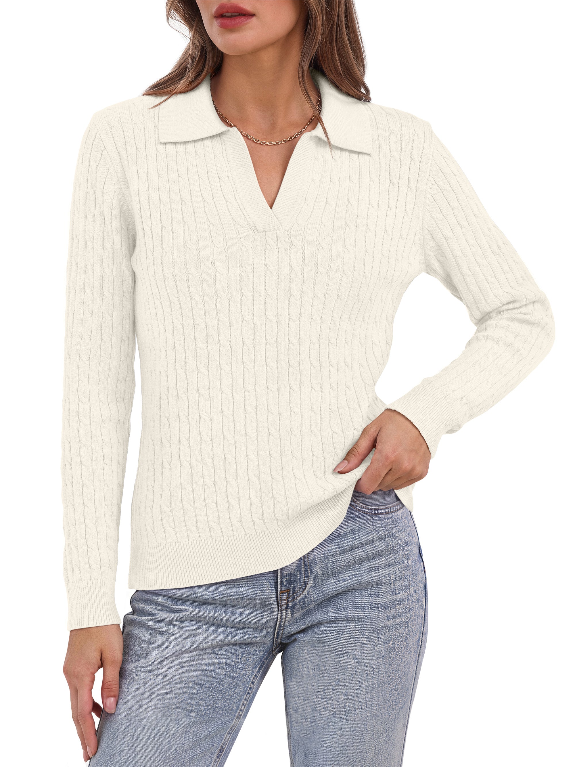 Sundazz Womens Cable Knit Sweaters Long Sleeve V Neck Pullover Fall Winter Sweater Tops Casual Polo Shirts