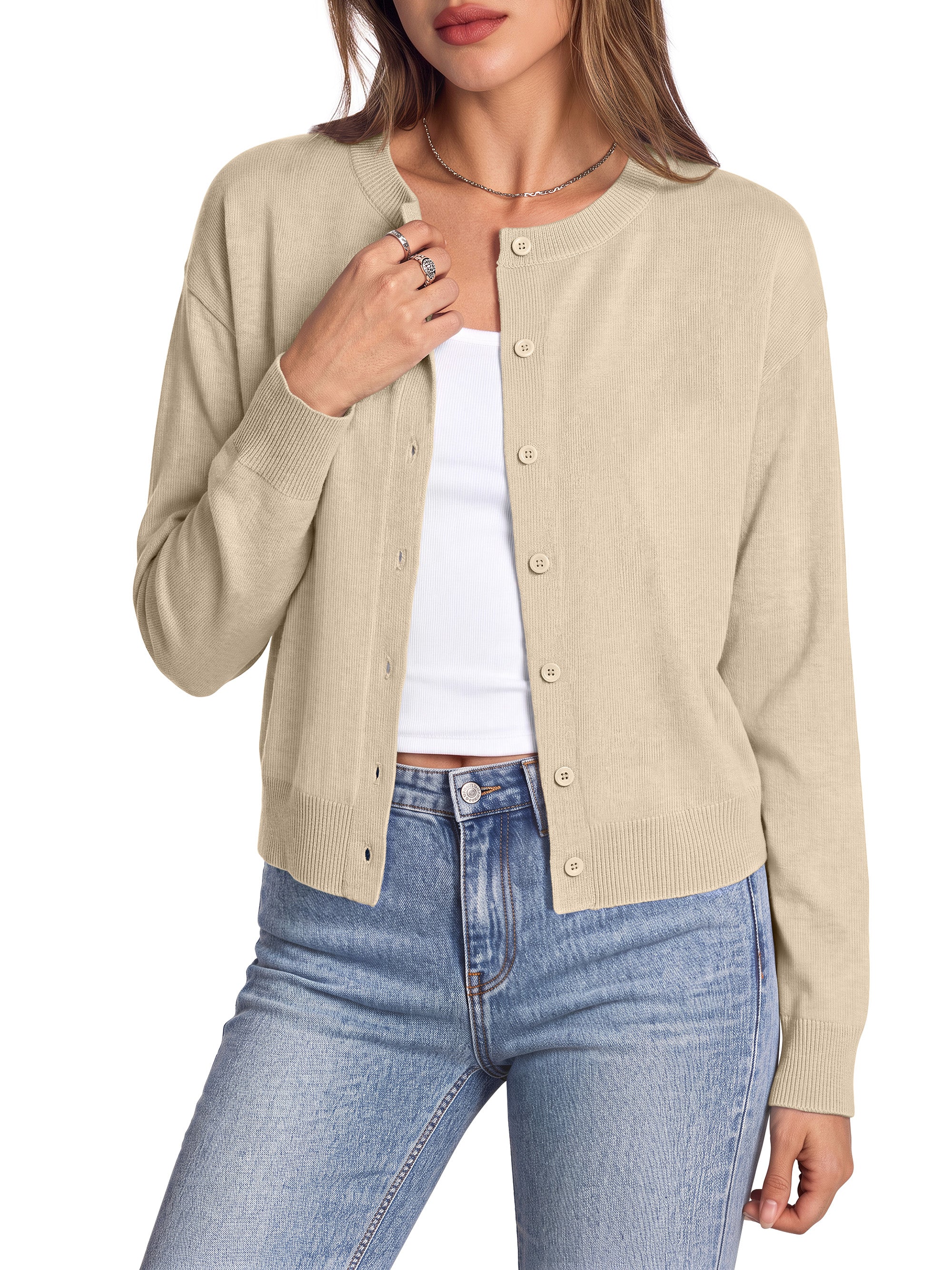 Sundazz Cropped Cardigan Sweaters for Women Lightweight Long Sleeve Cardigan Crewneck Button Up Sweaters
