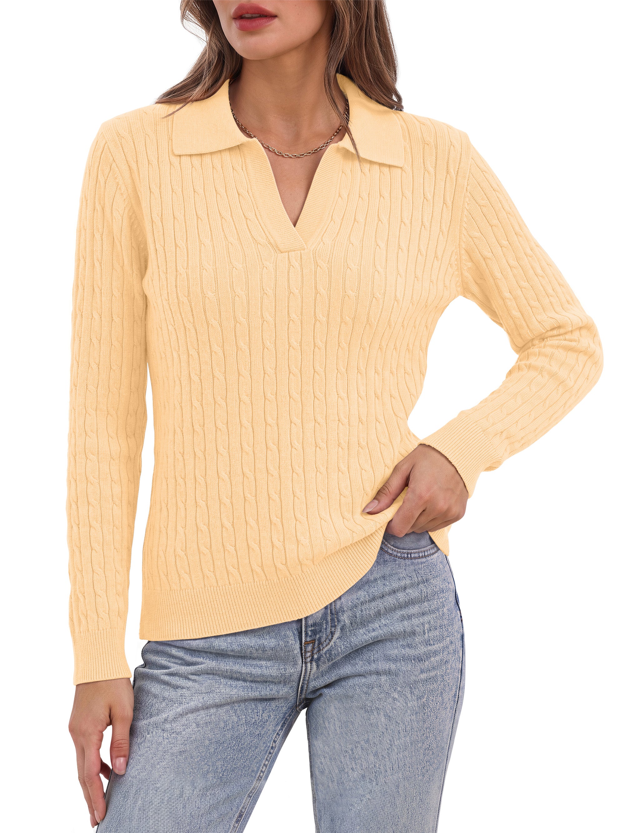 Sundazz Womens Cable Knit Sweaters Long Sleeve V Neck Pullover Fall Winter Sweater Tops Casual Polo Shirts