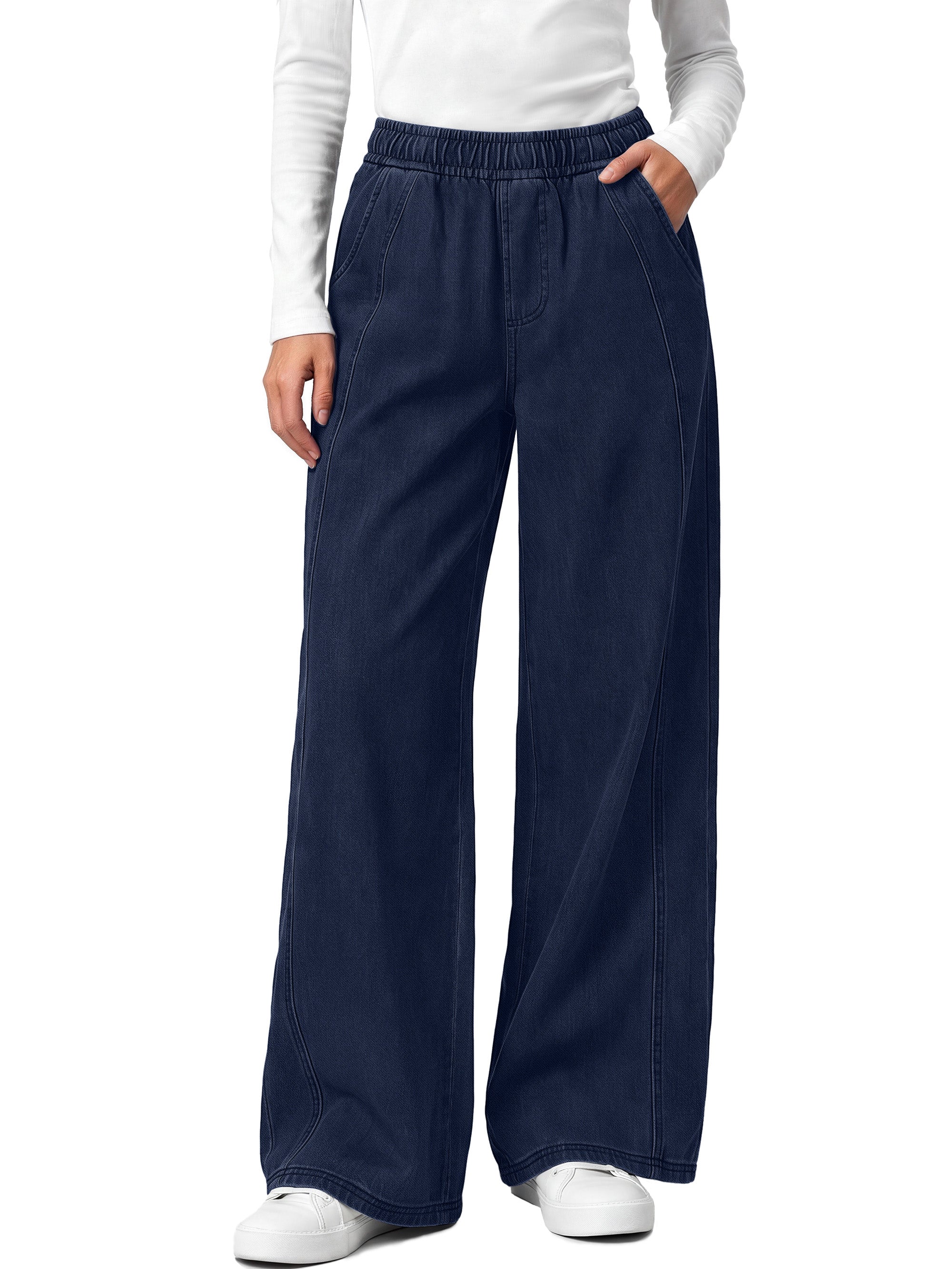 Sundazz Womens Wide Leg Jeans Stretchy Baggy Elastic Waist Jeans Seamed Front Knit Denim Pants