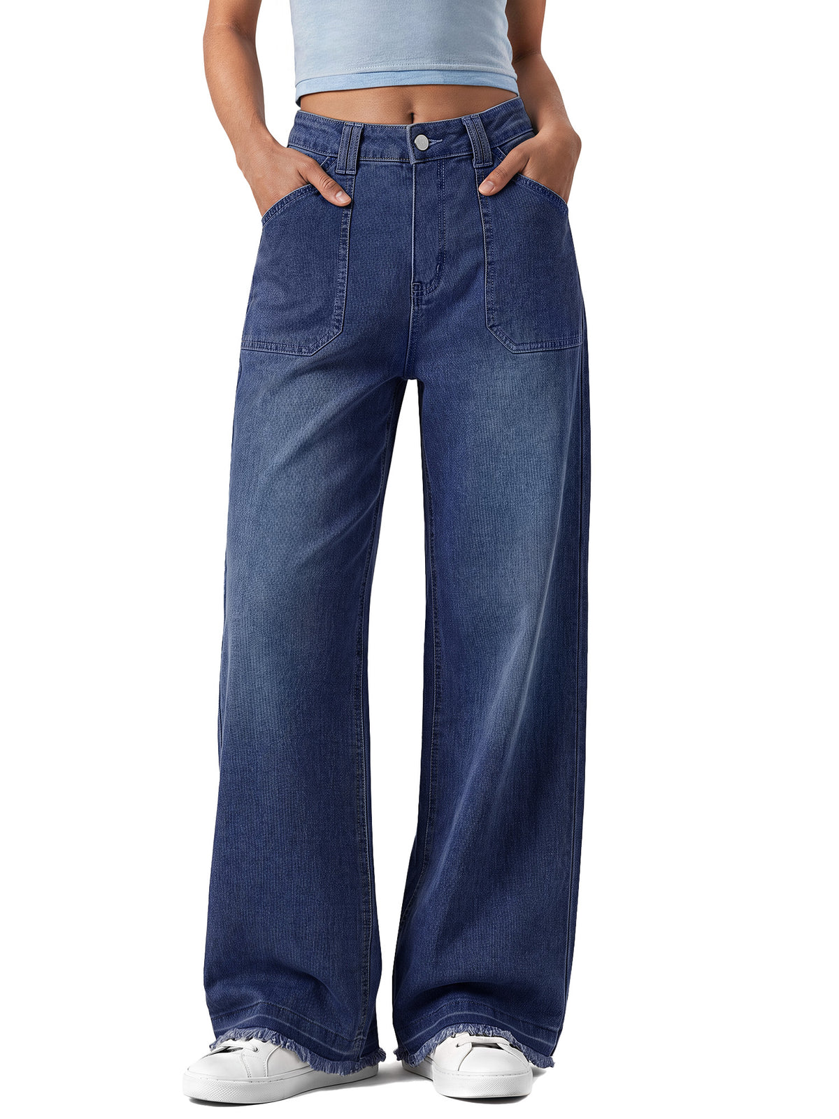 Sundazz Women's Wide Leg Jeans High Waisted Stretchy Cargo Denim Pants with Raw Hem
