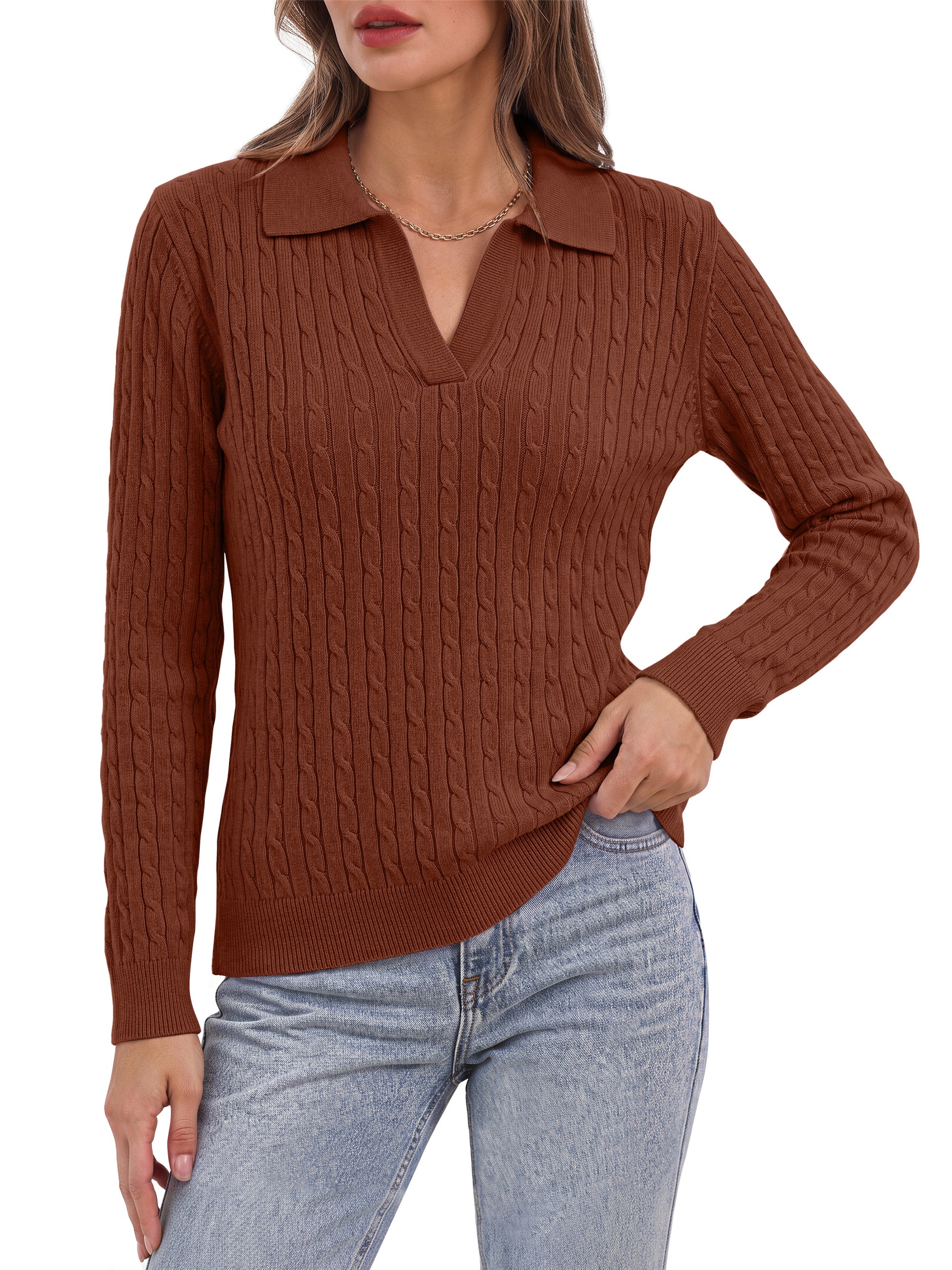 Sundazz Womens Cable Knit Sweaters Long Sleeve V Neck Pullover Fall Winter Sweater Tops Casual Polo Shirts