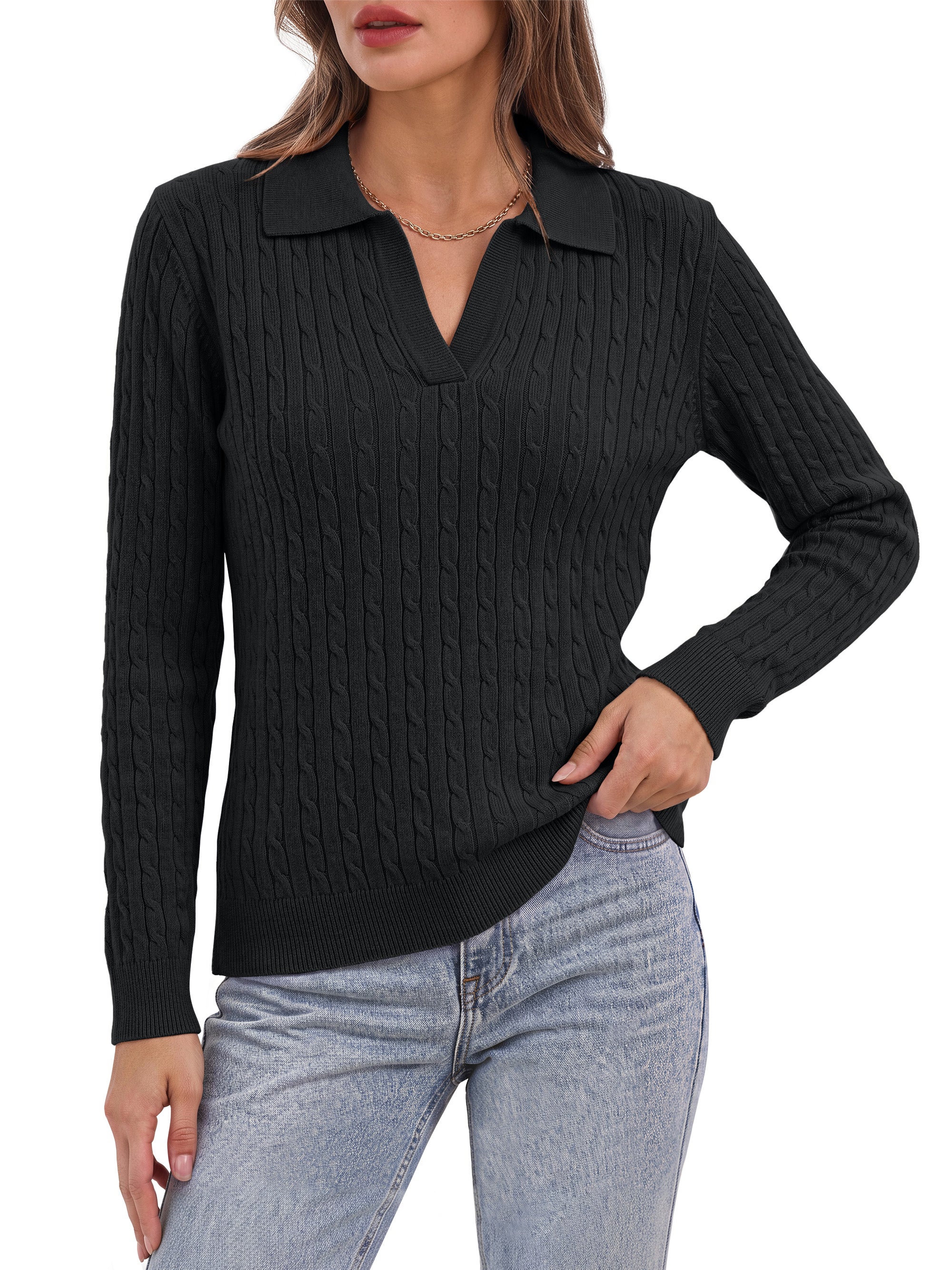 Sundazz Womens Cable Knit Sweaters Long Sleeve V Neck Pullover Fall Winter Sweater Tops Casual Polo Shirts