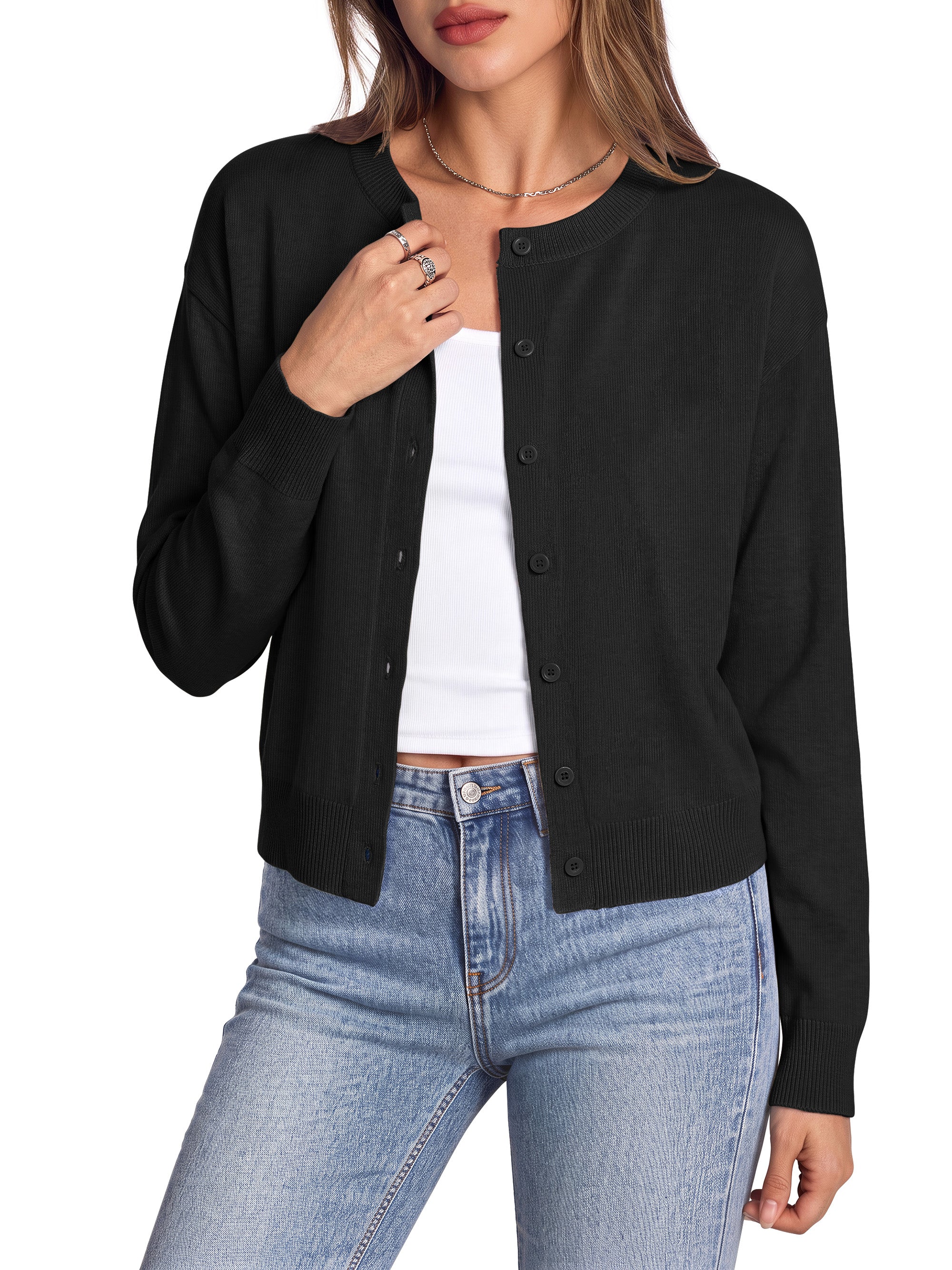 Sundazz Cropped Cardigan Sweaters for Women Lightweight Long Sleeve Cardigan Crewneck Button Up Sweaters