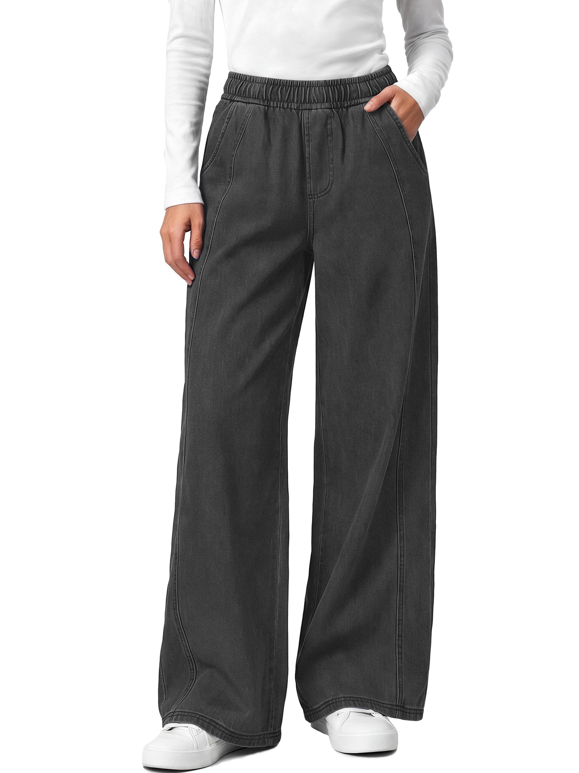Sundazz Womens Wide Leg Jeans Stretchy Baggy Elastic Waist Jeans Seamed Front Knit Denim Pants