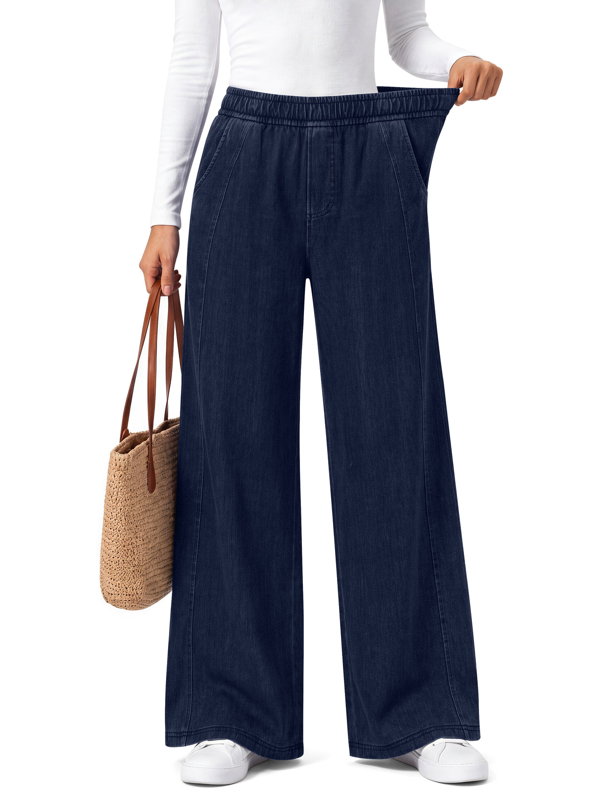Sundazz Women's Stretchy Wide Leg Jeans Elastic Waist Knit Denim Pants with Seamed Front