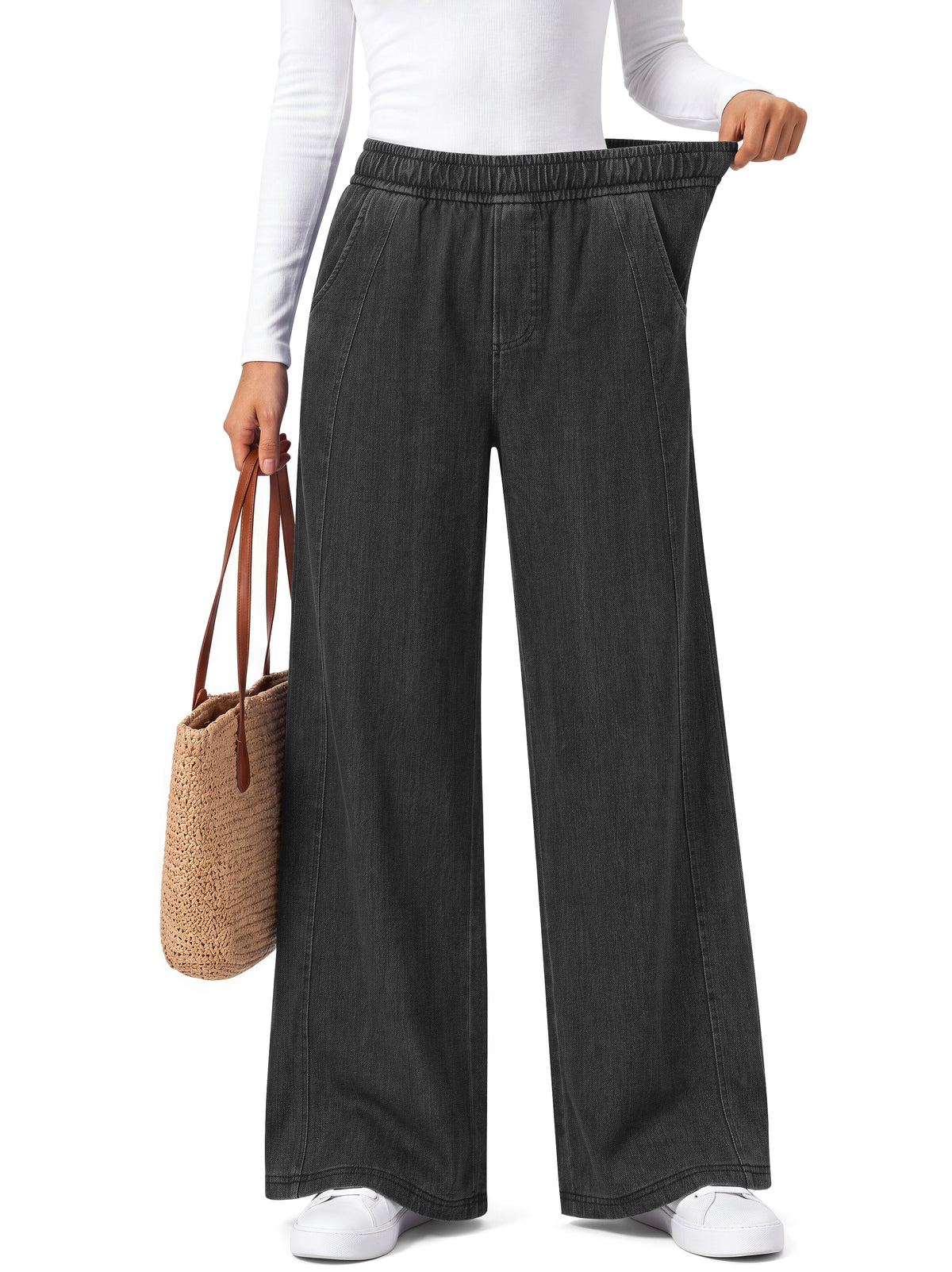 Sundazz Women's Stretchy Wide Leg Jeans Elastic Waist Knit Denim Pants with Seamed Front