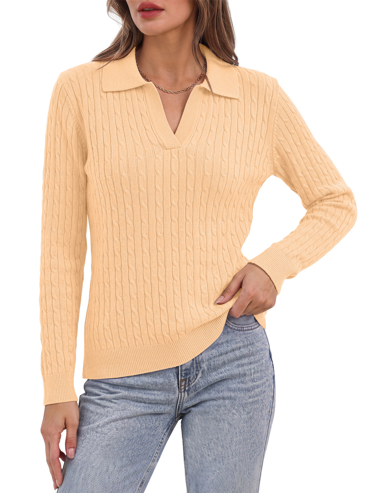 Sundazz Womens Cable Knit Sweaters Long Sleeve V Neck Pullover Fall Winter Sweater Tops Casual Polo Shirts