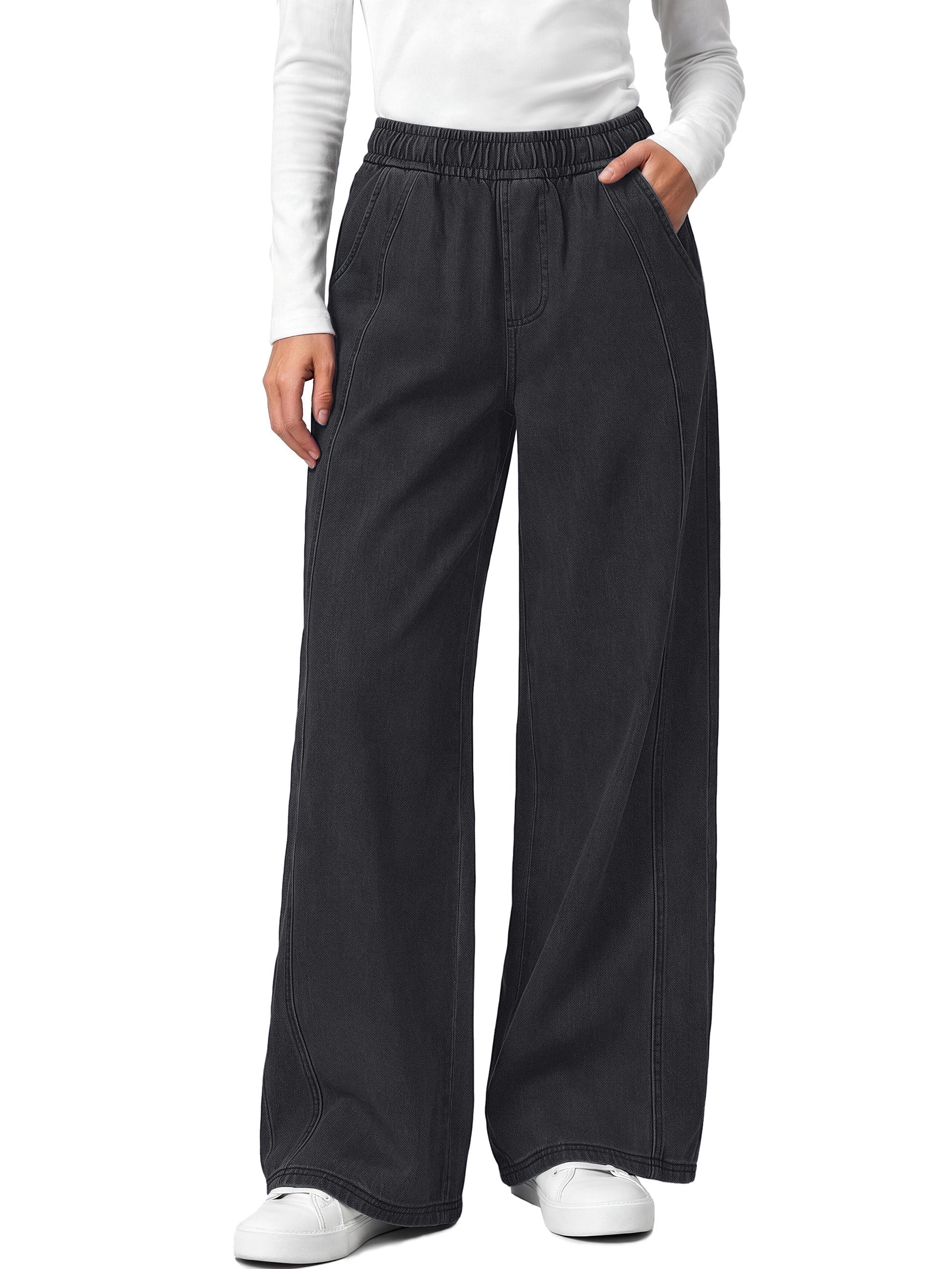 Sundazz Womens Wide Leg Jeans Stretchy Baggy Elastic Waist Jeans Seamed Front Knit Denim Pants