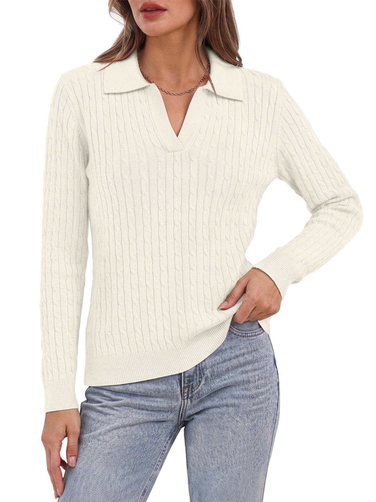Sundazz Womens Cable Knit Sweaters Long Sleeve V Neck Pullover Fall Winter Sweater Tops Casual Polo Shirts