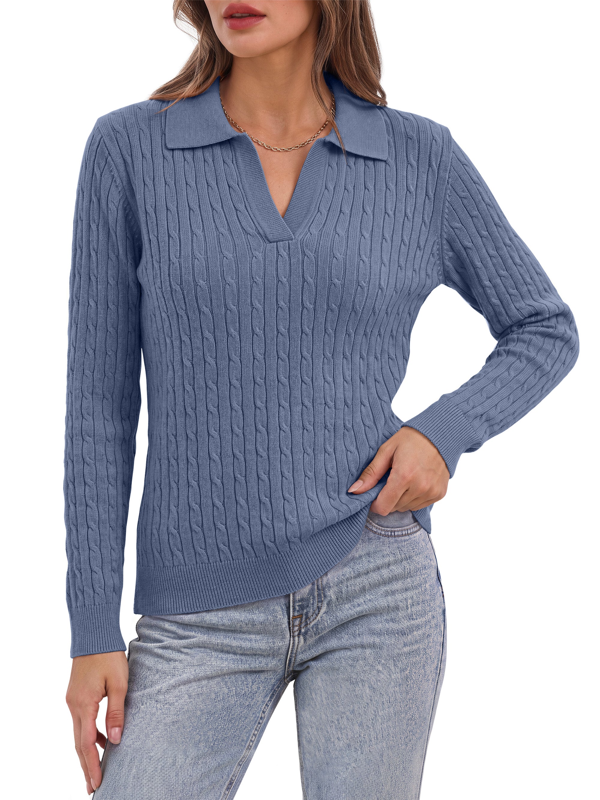 Sundazz Womens Cable Knit Sweaters Long Sleeve V Neck Pullover Fall Winter Sweater Tops Casual Polo Shirts