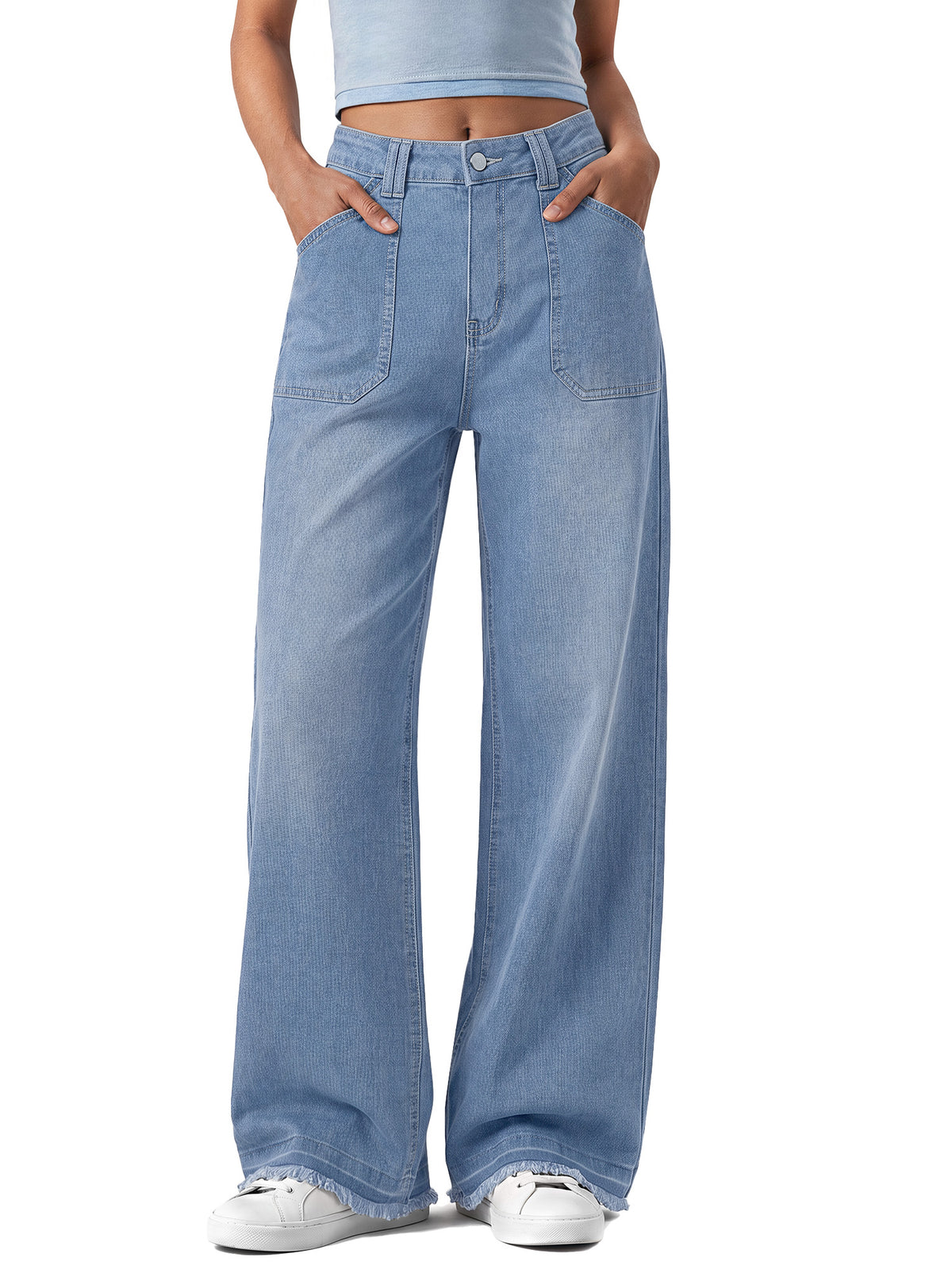 Sundazz Women's Wide Leg Jeans High Waisted Stretchy Cargo Denim Pants with Raw Hem
