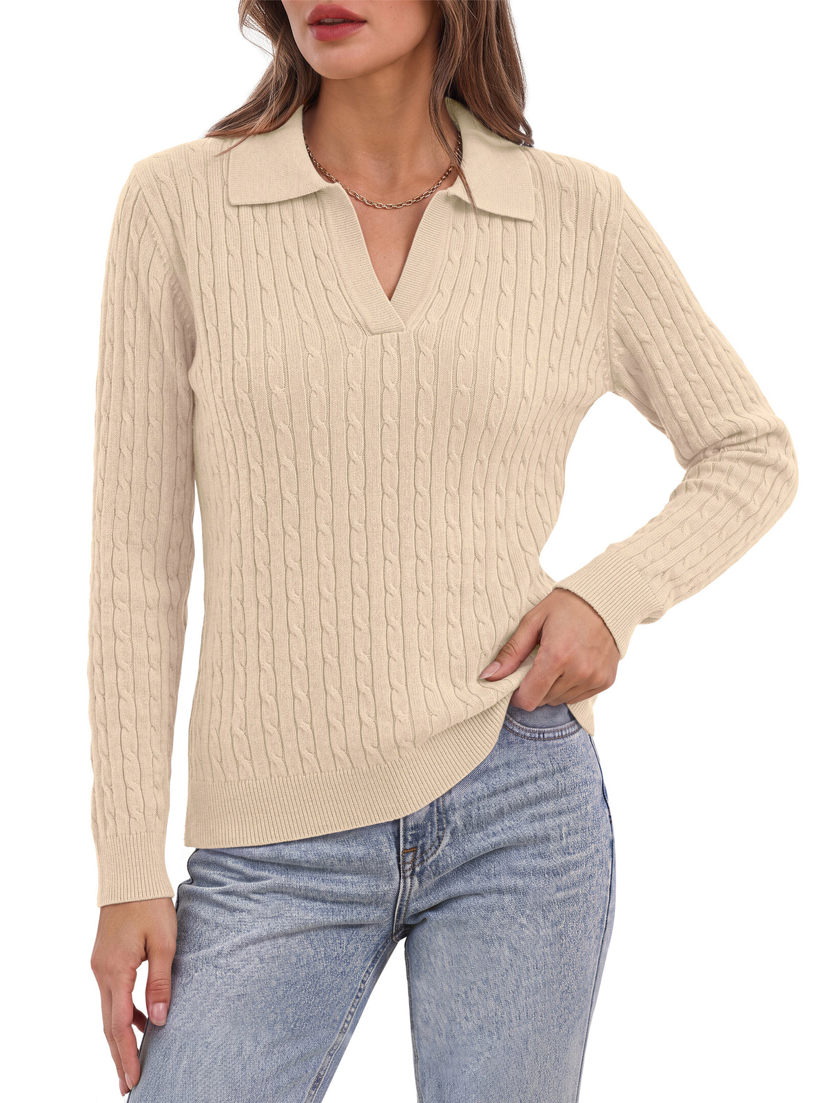Sundazz Womens Cable Knit Sweaters Long Sleeve V Neck Pullover Fall Winter Sweater Tops Casual Polo Shirts