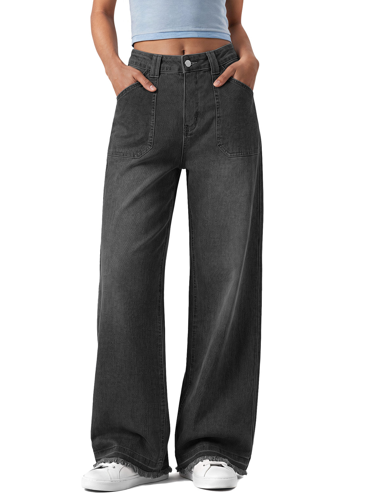 Sundazz Women's Wide Leg Jeans High Waisted Stretchy Cargo Denim Pants with Raw Hem