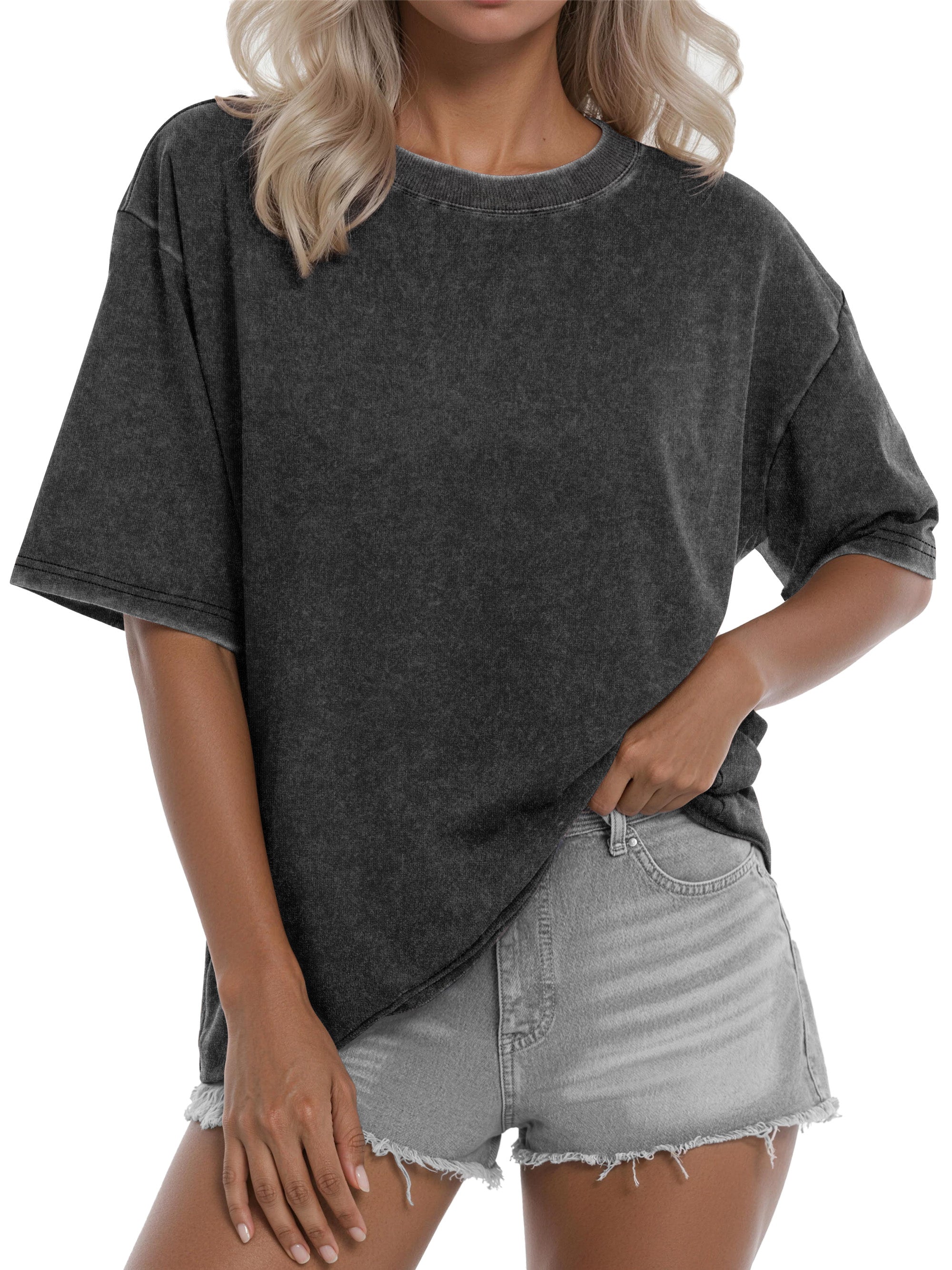 Sundazz Oversized T Shirts for Women Cotton Vintage Acid Wash Tees Baggy Shirts Trendy Casual Tops