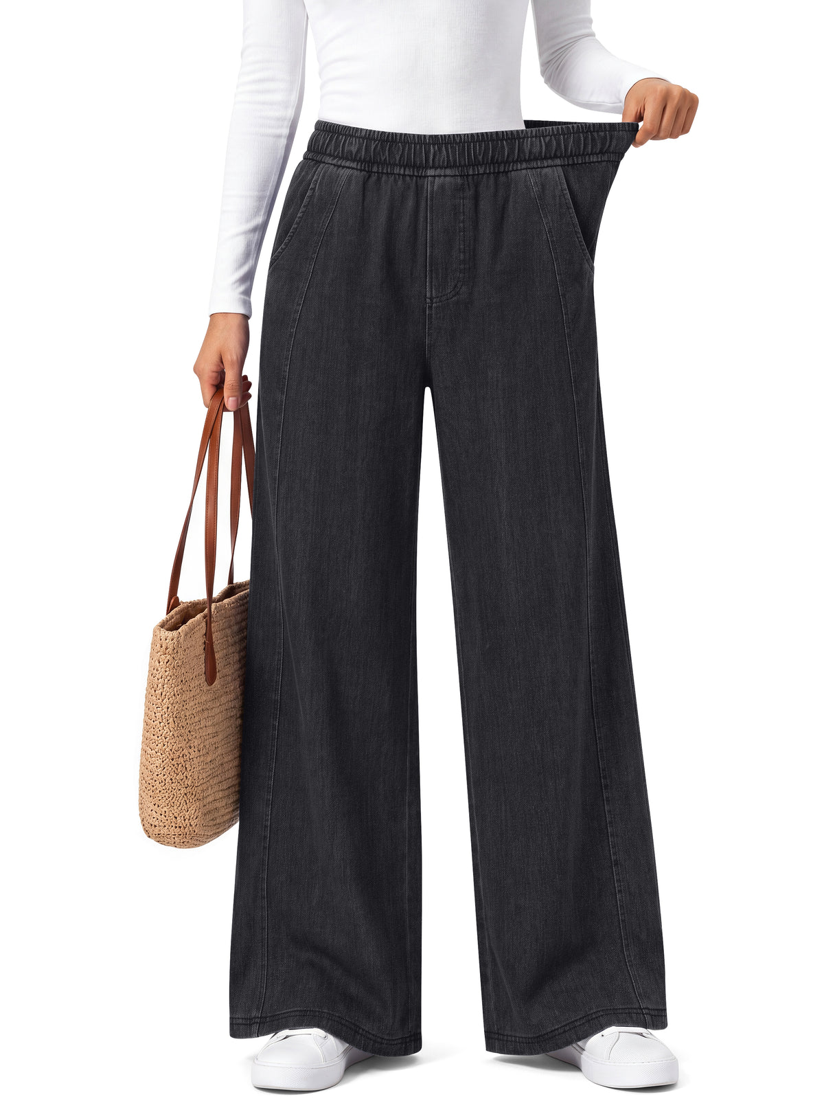 Sundazz Women's Stretchy Wide Leg Jeans Elastic Waist Knit Denim Pants with Seamed Front