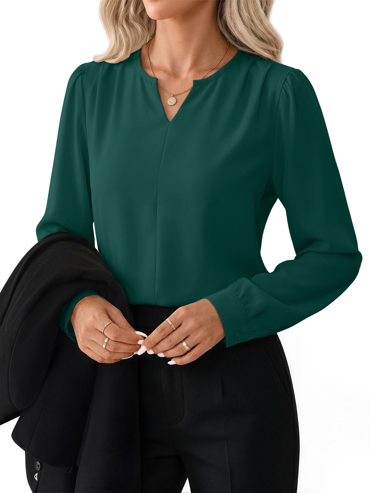Blouses for Women Dressy Casual Pleated Long Sleeve Shirts V Neck Business Work Tops