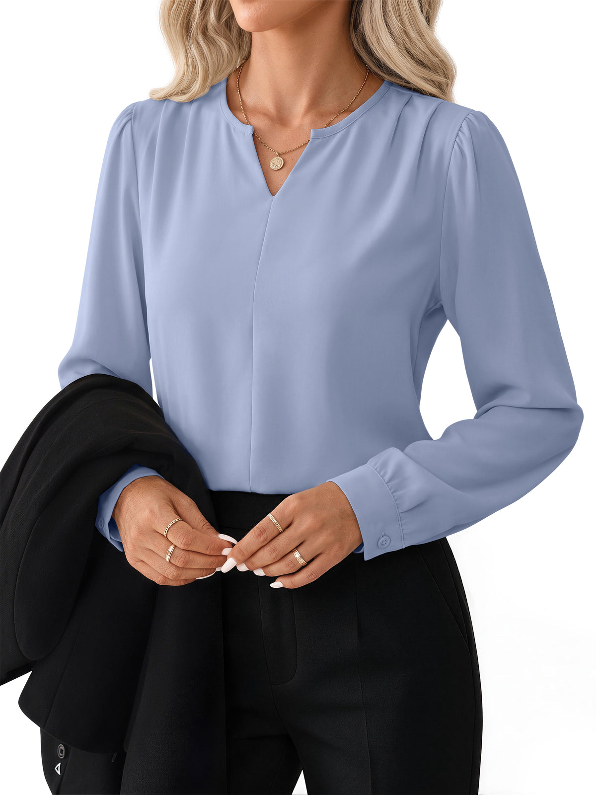 Blouses for Women Dressy Casual Pleated Long Sleeve Shirts V Neck Business Work Tops