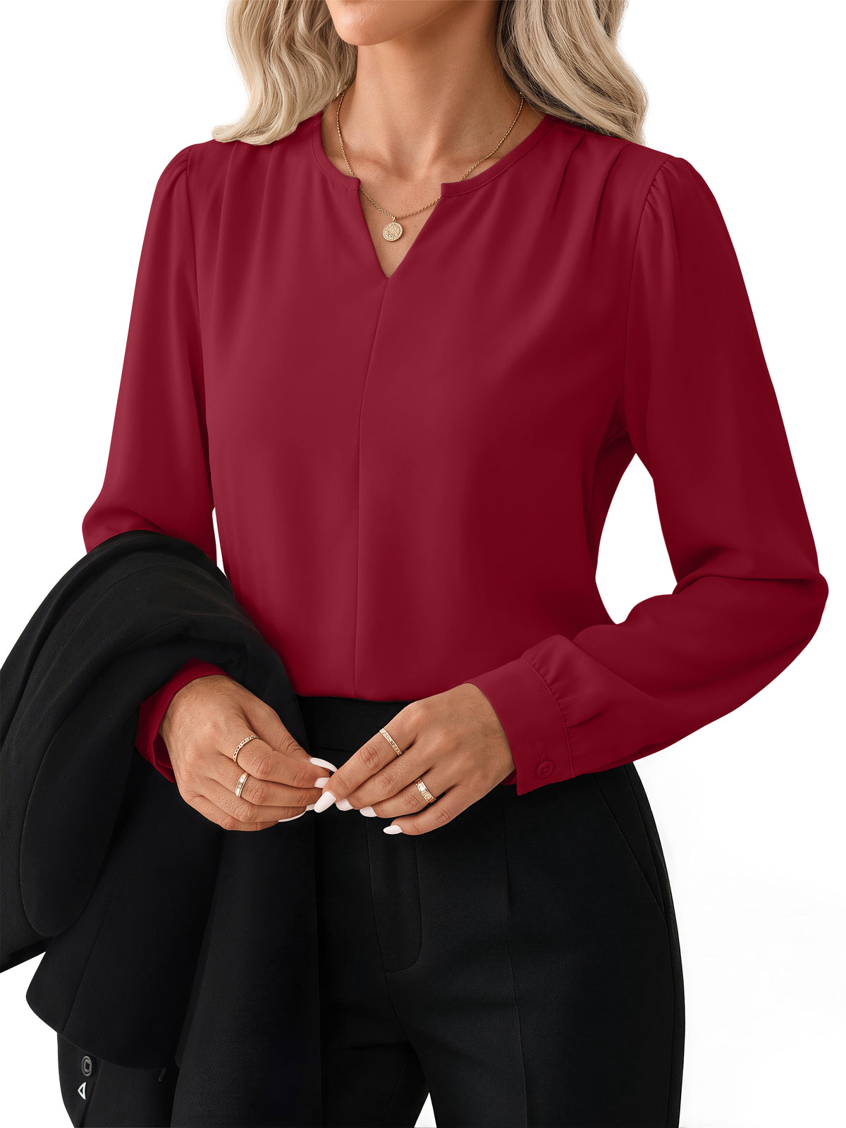 Blouses for Women Dressy Casual Pleated Long Sleeve Shirts V Neck Business Work Tops
