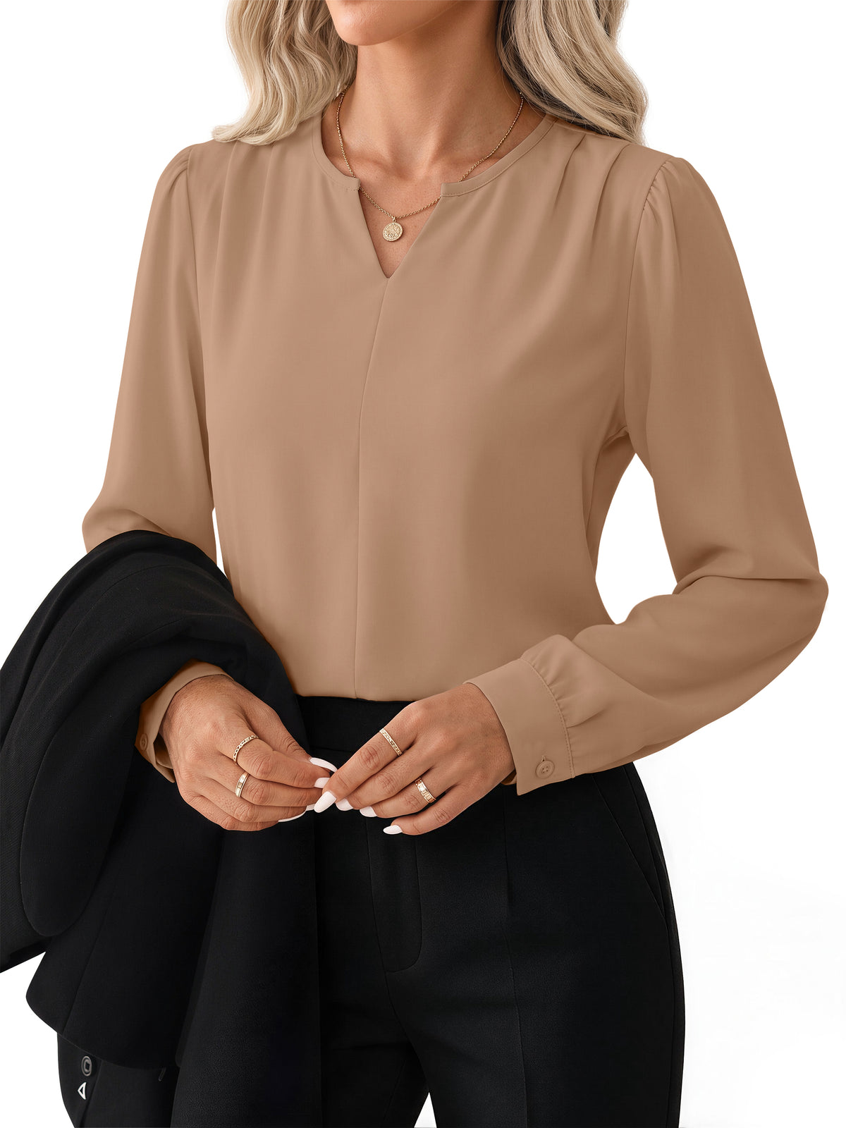 Blouses for Women Dressy Casual Pleated Long Sleeve Shirts V Neck Business Work Tops