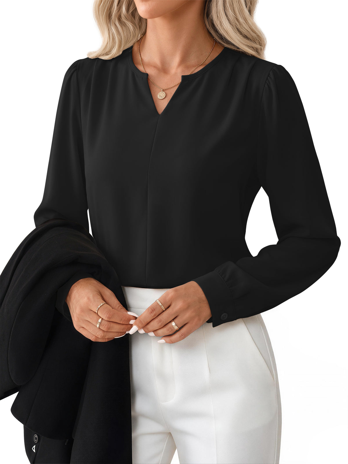 Blouses for Women Dressy Casual Pleated Long Sleeve Shirts V Neck Business Work Tops