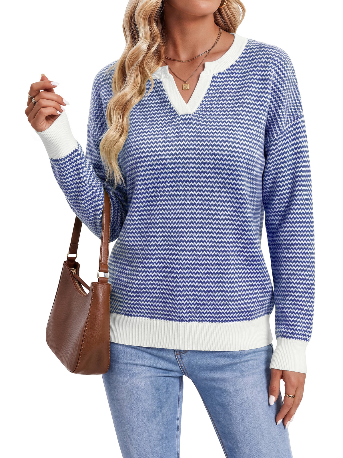 Sundazz Striped Sweaters for Women V Neck Long Sleeve Tops Fall Fashion Pullover Sweater