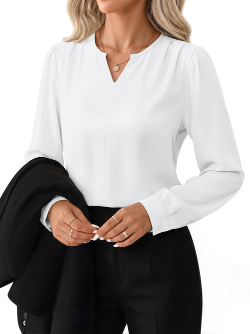 Blouses for Women Dressy Casual Pleated Long Sleeve Shirts V Neck Business Work Tops