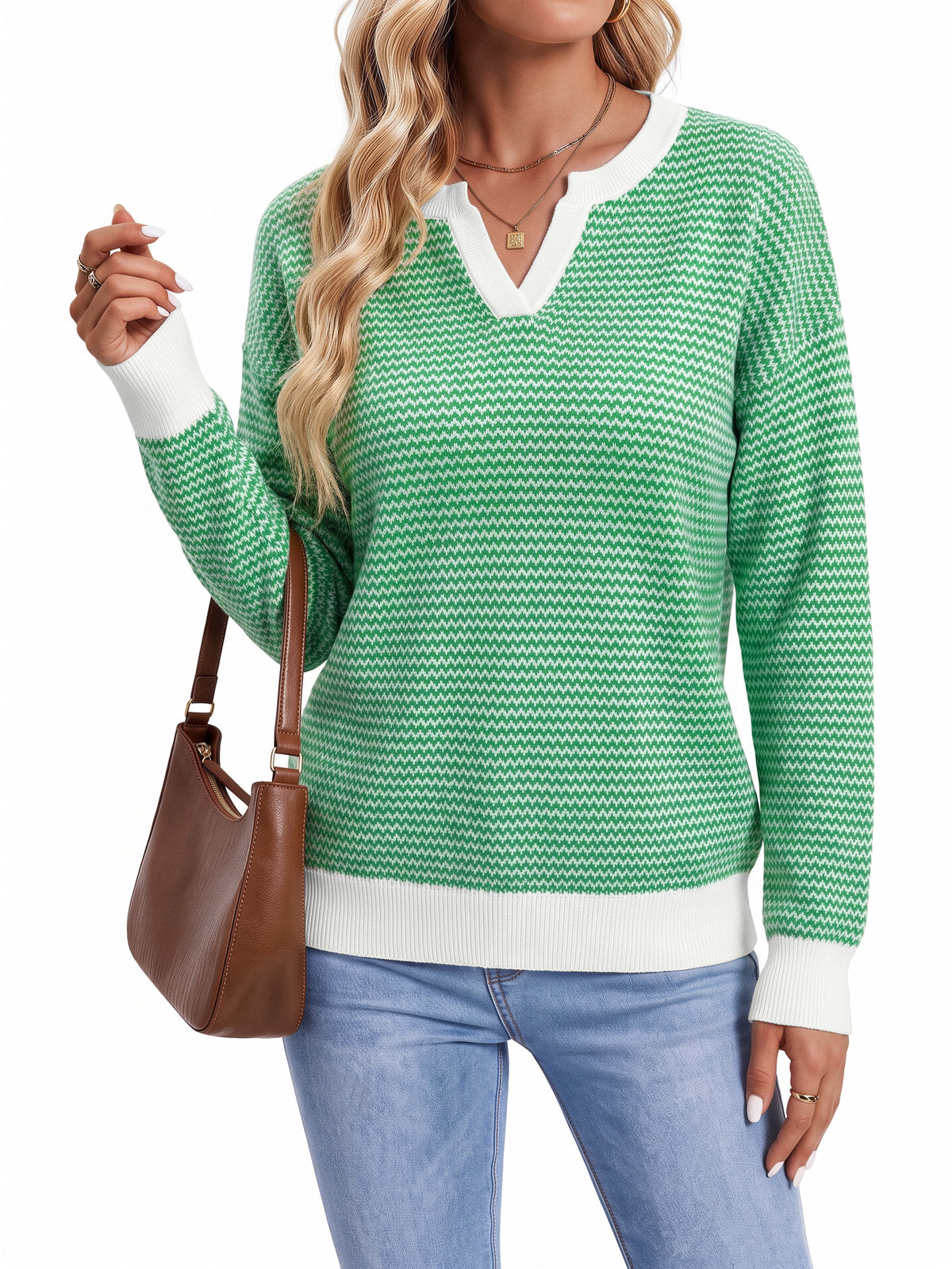 Sundazz Striped Sweaters for Women V Neck Long Sleeve Tops Fall Fashion Pullover Sweater