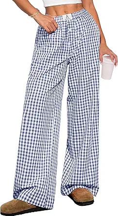 Sundazz Womens Wide Leg Pants Cute Gingham Pants Comfy Drawstring Lounge Pants with Pockets, XS-XL