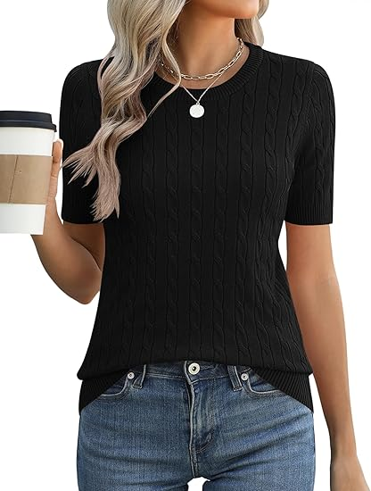Sundazz Short Sleeve Sweater for Women Crew Neck Cable Knit Sweater Tops Dressy Cute Blouses,XS-XL