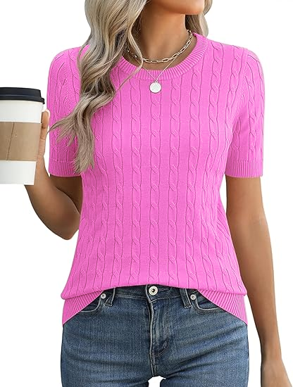 Sundazz Short Sleeve Sweater for Women Crew Neck Cable Knit Sweater Tops Dressy Cute Blouses,XS-XL