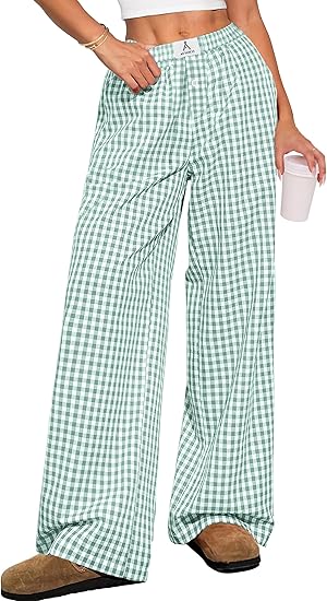 Sundazz Womens Wide Leg Pants Cute Gingham Pants Comfy Drawstring Lounge Pants with Pockets, XS-XL