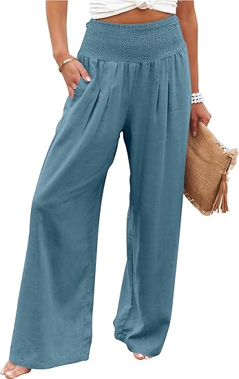 Sundazz Wide Leg Pants for Women Summer Smocked Waisted Palazzo Pants Baggy Flowy Trousers, XS-XL