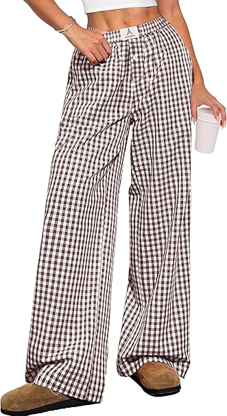 Sundazz Womens Wide Leg Pants Cute Gingham Pants Comfy Drawstring Lounge Pants with Pockets, XS-XL