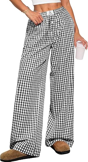 Sundazz Womens Wide Leg Pants Cute Gingham Pants Comfy Drawstring Lounge Pants with Pockets, XS-XL