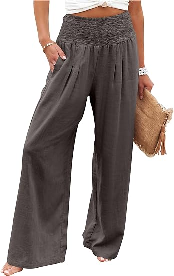 Sundazz Wide Leg Pants for Women Summer Smocked Waisted Palazzo Pants Baggy Flowy Trousers, XS-XL