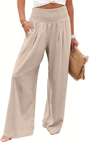 Sundazz Wide Leg Pants for Women Summer Smocked Waisted Palazzo Pants Baggy Flowy Trousers, XS-XL