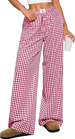 Sundazz Womens Wide Leg Pants Cute Gingham Pants Comfy Drawstring Lounge Pants with Pockets, XS-XL