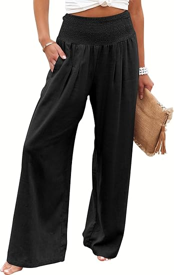 Sundazz Wide Leg Pants for Women Summer Smocked Waisted Palazzo Pants Baggy Flowy Trousers, XS-XL