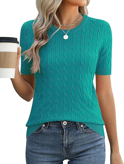 Sundazz Short Sleeve Sweater for Women Crew Neck Cable Knit Sweater Tops Dressy Cute Blouses,XS-XL