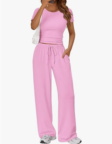 Sundazz Two Piece Sets for Women Summer Lounge Set Ruched Crop Top Wide Leg Pants Workout Outfits