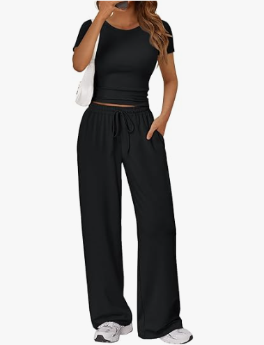 Sundazz Two Piece Sets for Women Summer Lounge Set Ruched Crop Top Wide Leg Pants Workout Outfits