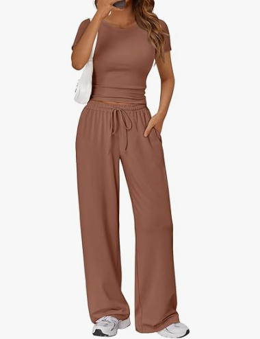 Sundazz Two Piece Sets for Women Summer Lounge Set Ruched Crop Top Wide Leg Pants Workout Outfits