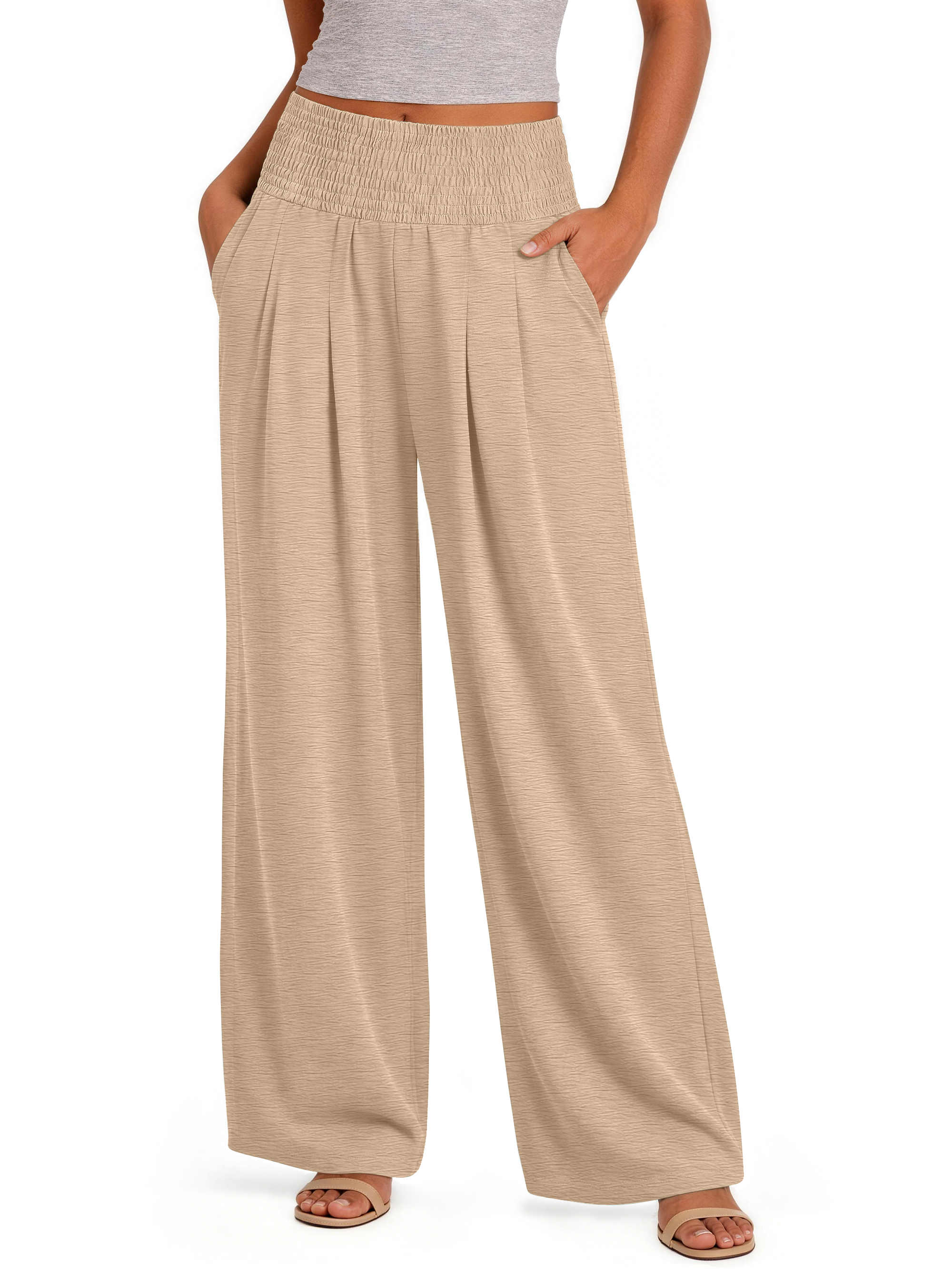 Sundazz Wide Leg Pants for Women Summer Smocked Waisted Palazzo Pants Baggy Flowy Trousers, XS-XL