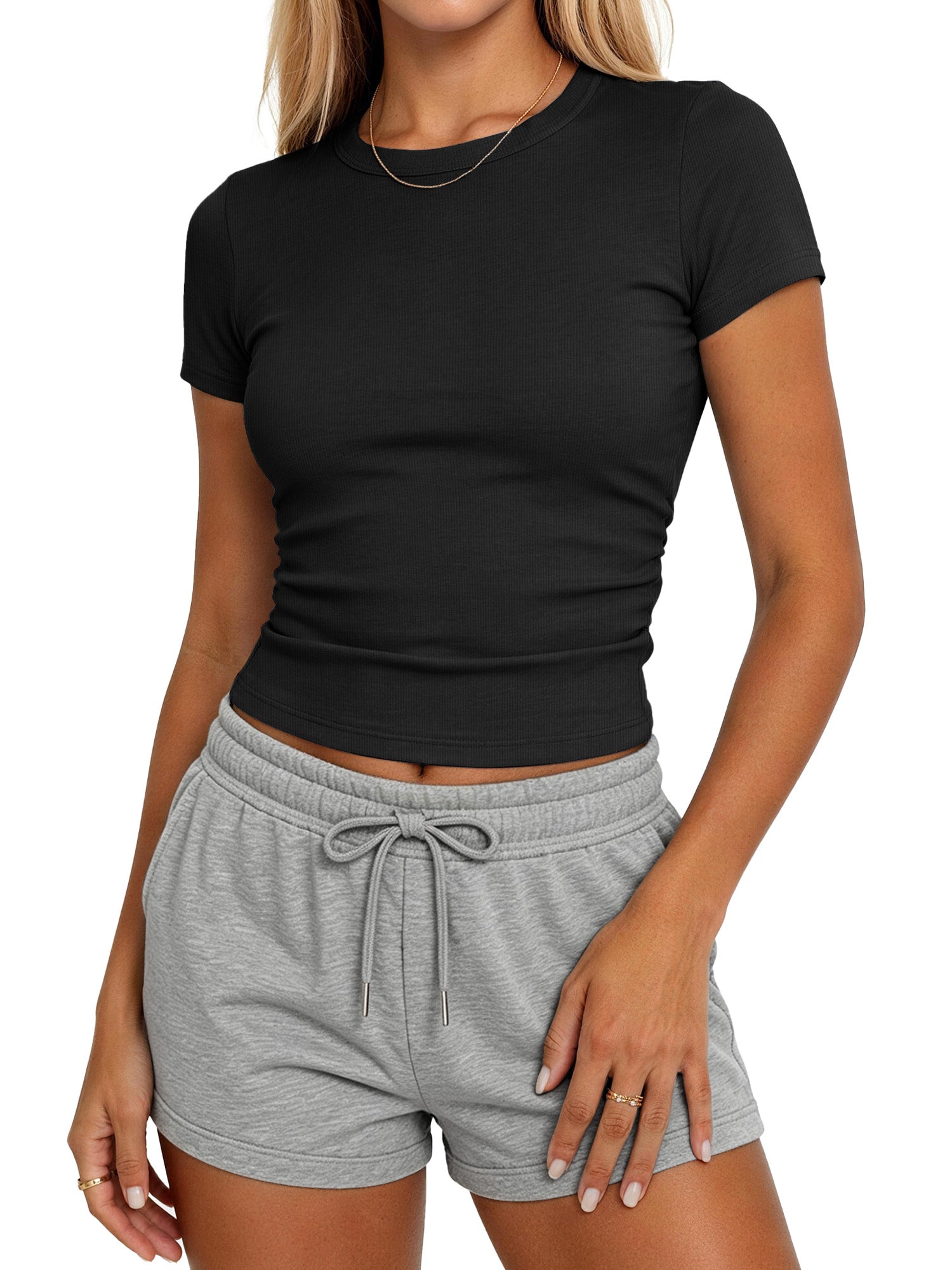 Sundazz Slim Fitted T Shirts for Women Short Sleeve Ruched Crop Tops Summer Basic Tees, XS-XL