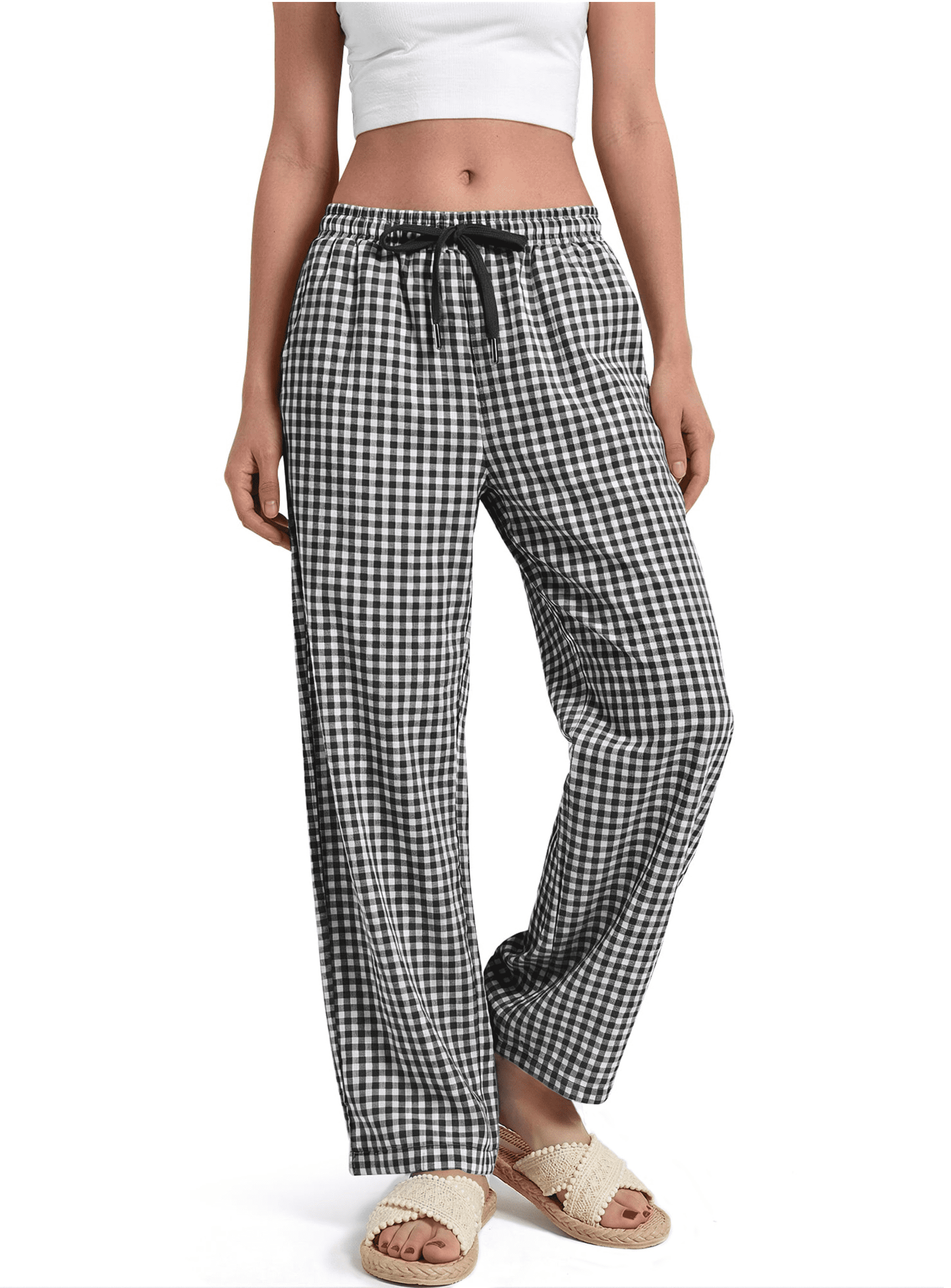 Sundazz Womens Gingham Pants Cotton Wide Leg Lounge Pants Cute Pajama Pants Comfy Casual Pants