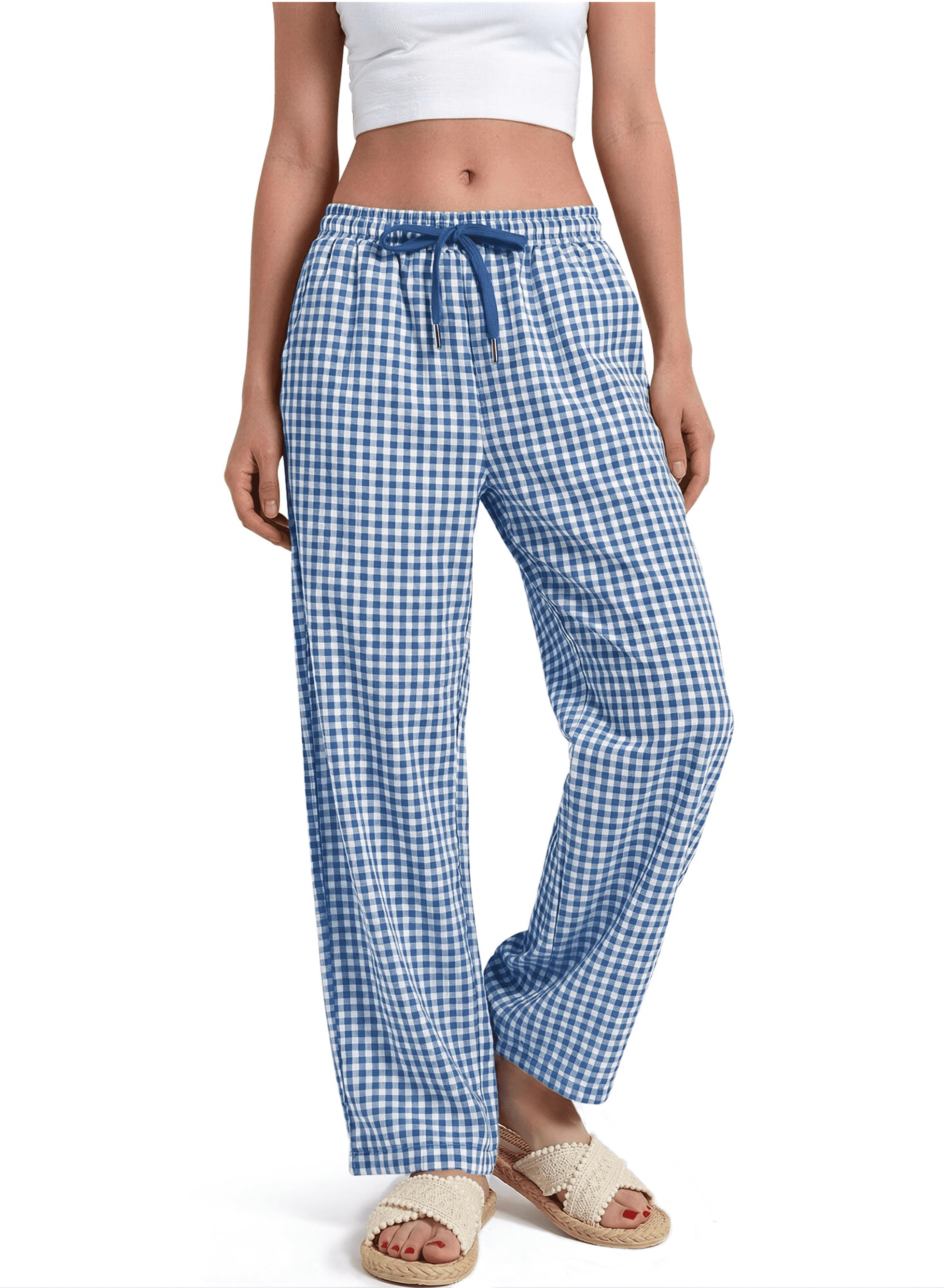 Sundazz Womens Gingham Pants Cotton Wide Leg Lounge Pants Cute Pajama Pants Comfy Casual Pants