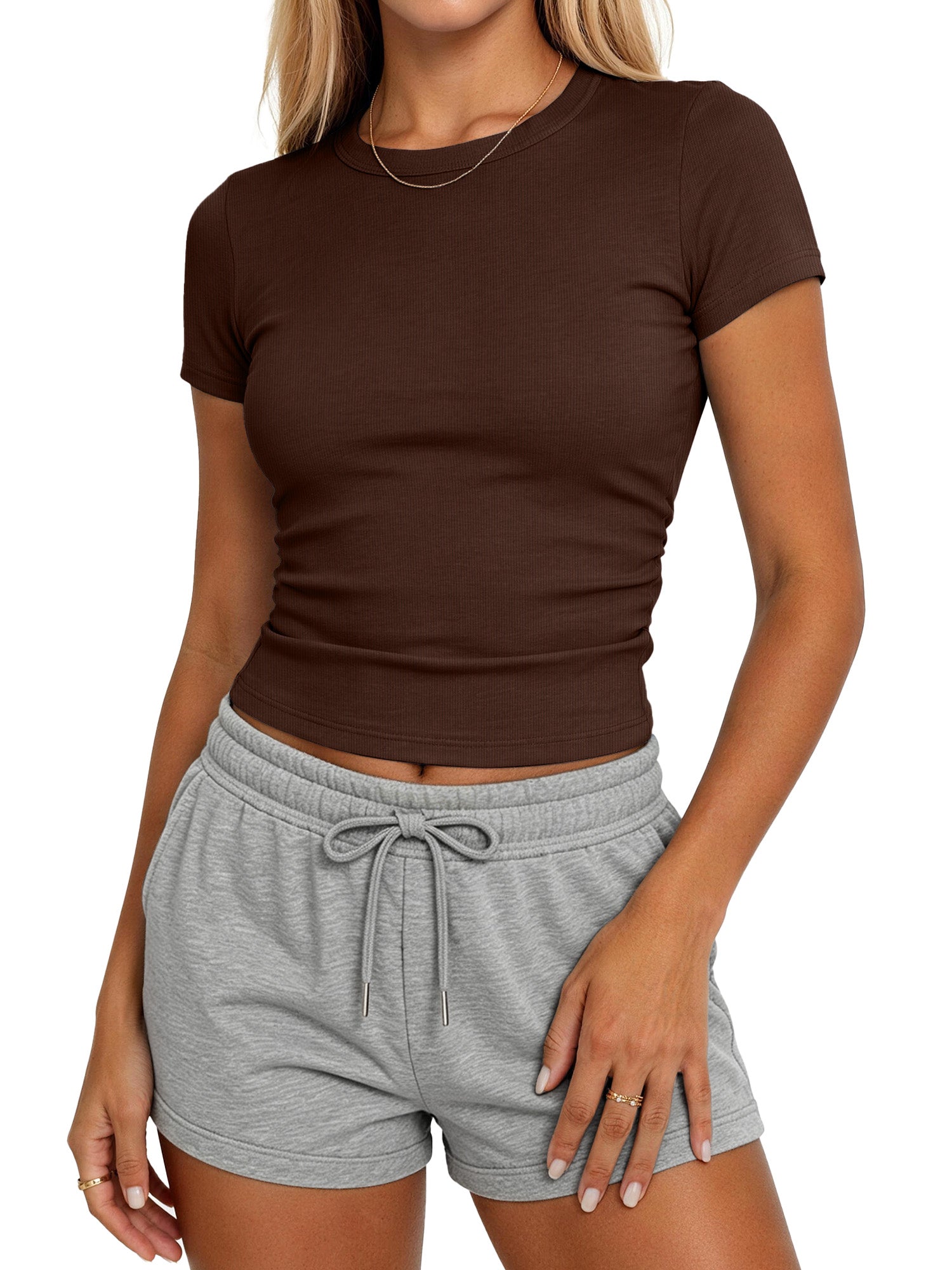 Sundazz Slim Fitted T Shirts for Women Short Sleeve Ruched Crop Tops Summer Basic Tees, XS-XL