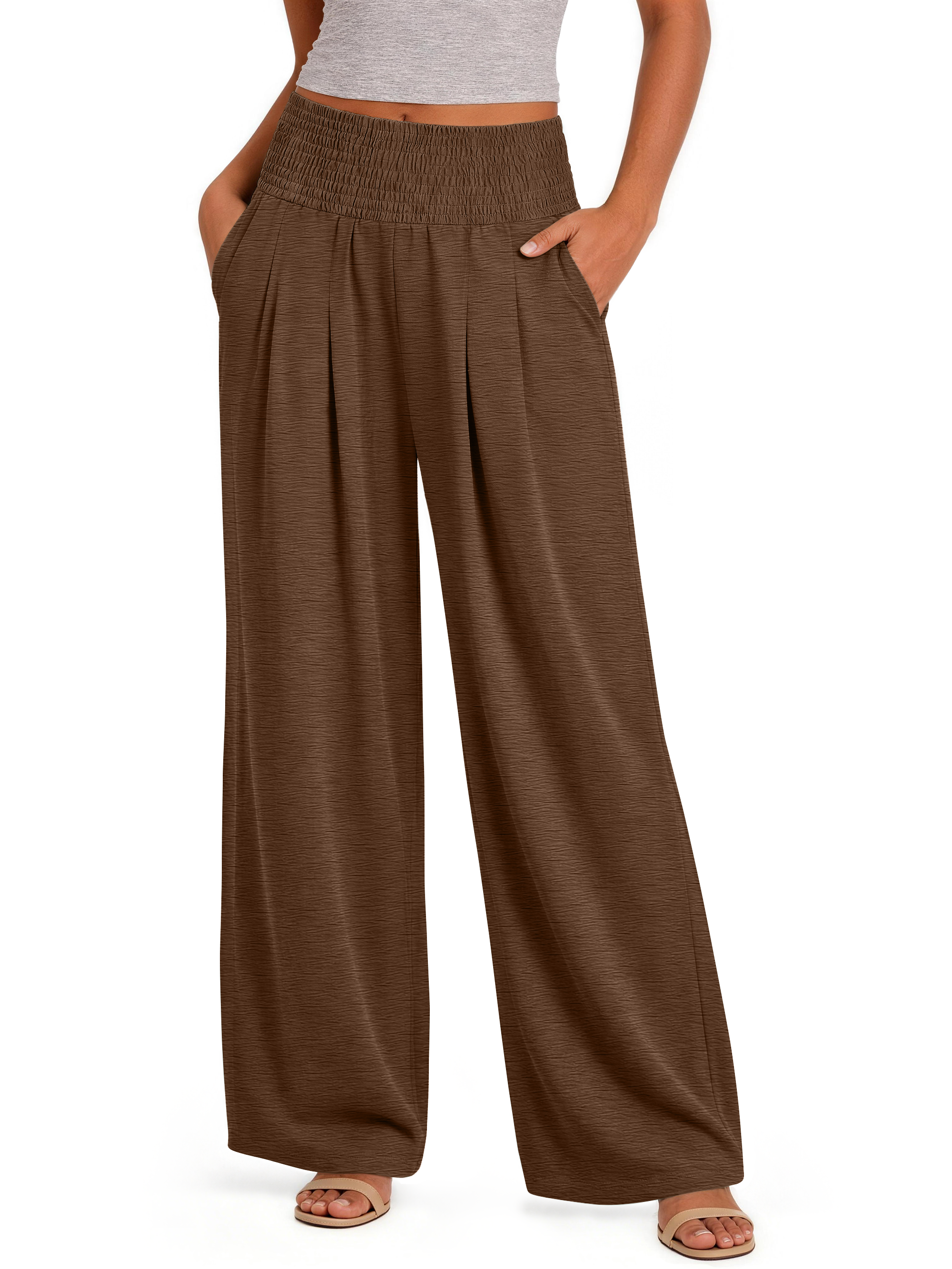 Sundazz Wide Leg Pants for Women Summer Smocked Waisted Palazzo Pants Baggy Flowy Trousers, XS-XL