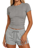 Sundazz Slim Fitted T Shirts for Women Short Sleeve Ruched Crop Tops Summer Basic Tees, XS-XL
